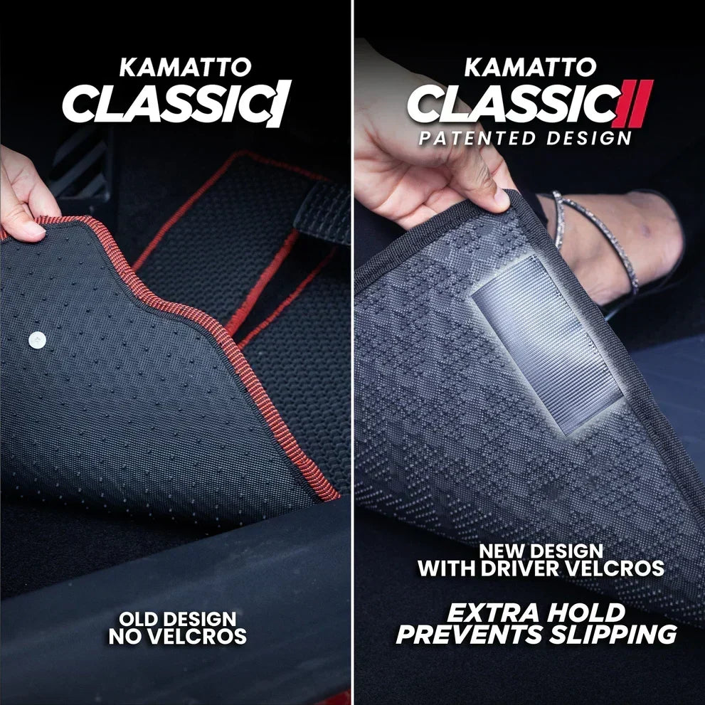 Comparison of Kamatto Classic car mat designs with and without driver velcros.