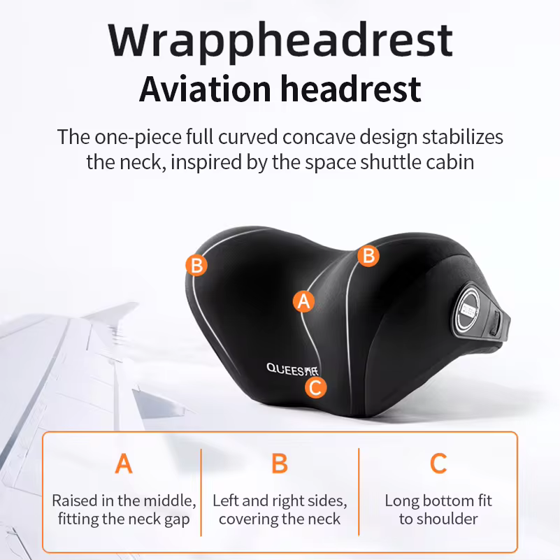 Aviation headrest with features highlighted on a white background