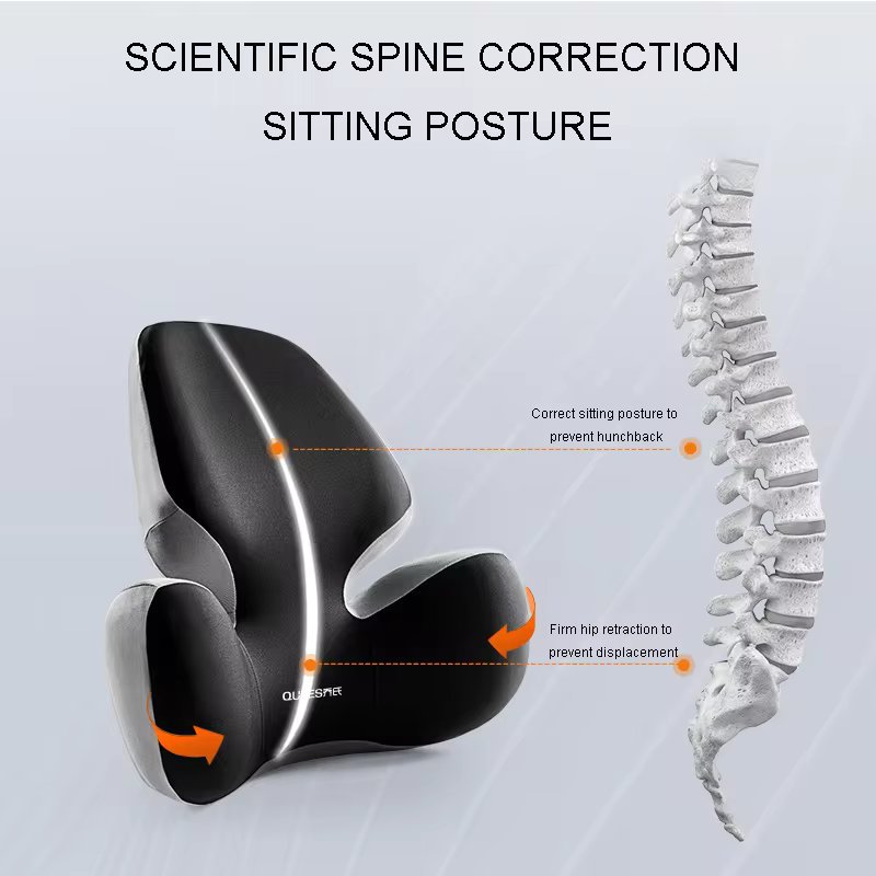 Black ergonomic chair pad with a spine illustration on a gray background