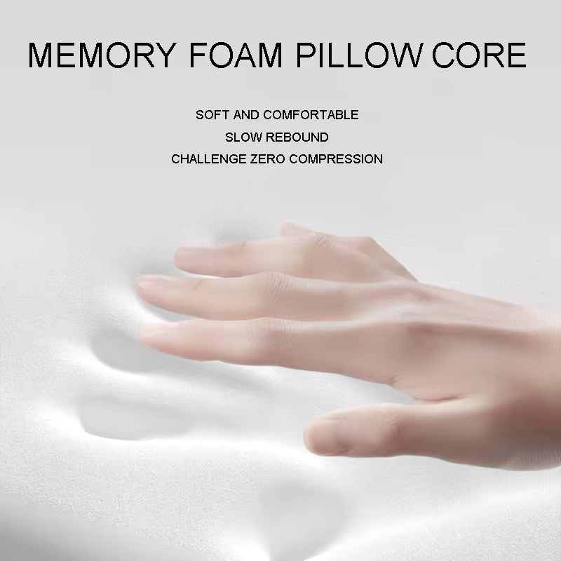 Hand pressing into a soft memory foam pillow core with text highlighting its features.