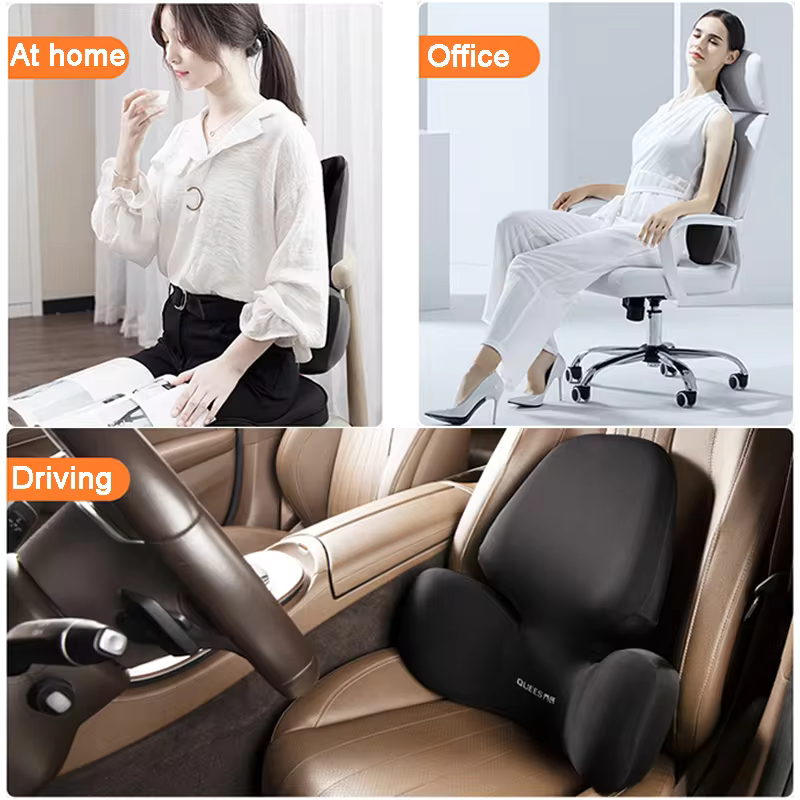Collage of a person using a neck pillow at home, office, and driving.