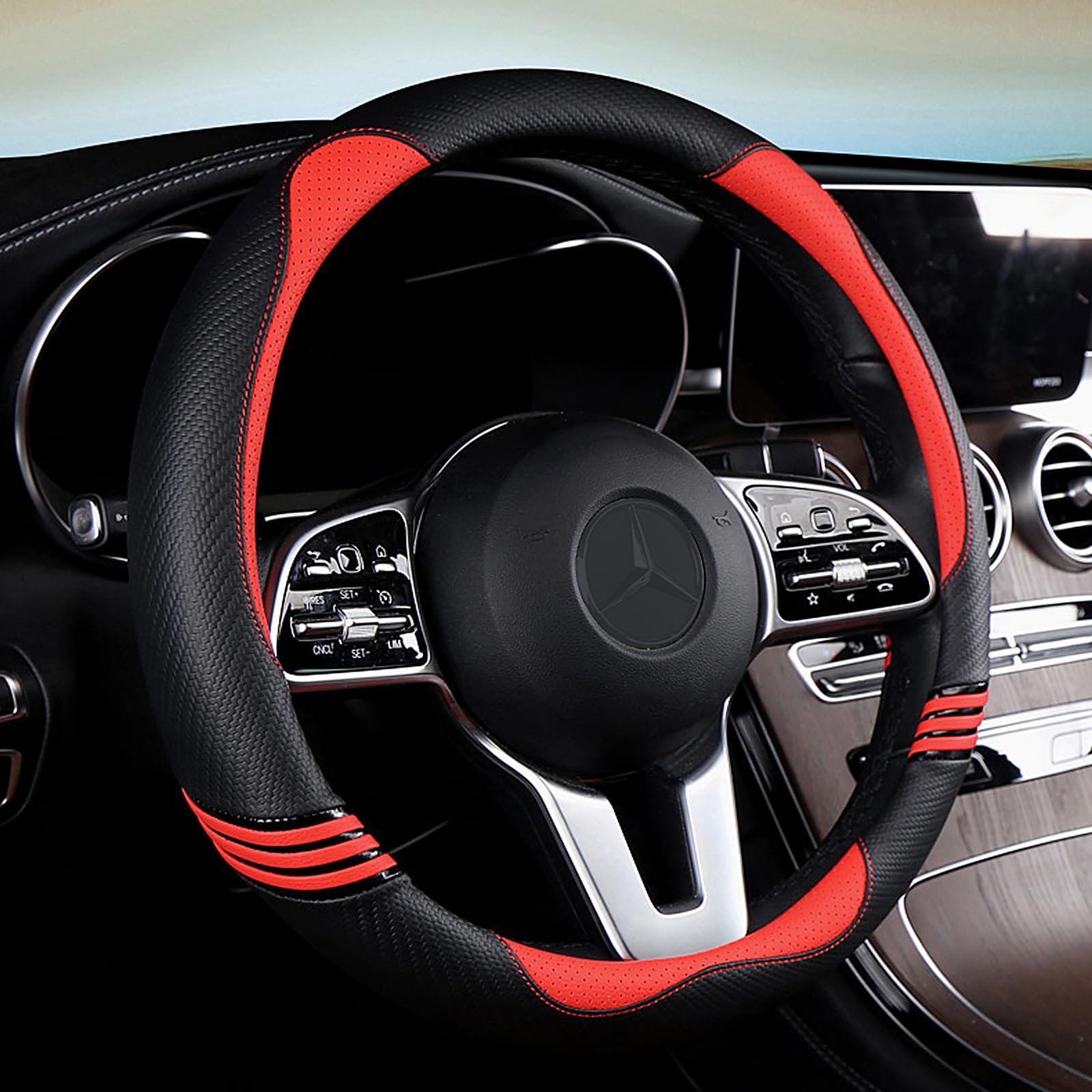 Carbon Fiber PU Leather Steering Wheel Cover Anti-Slip Universal Fit 14.5–15 Main_01