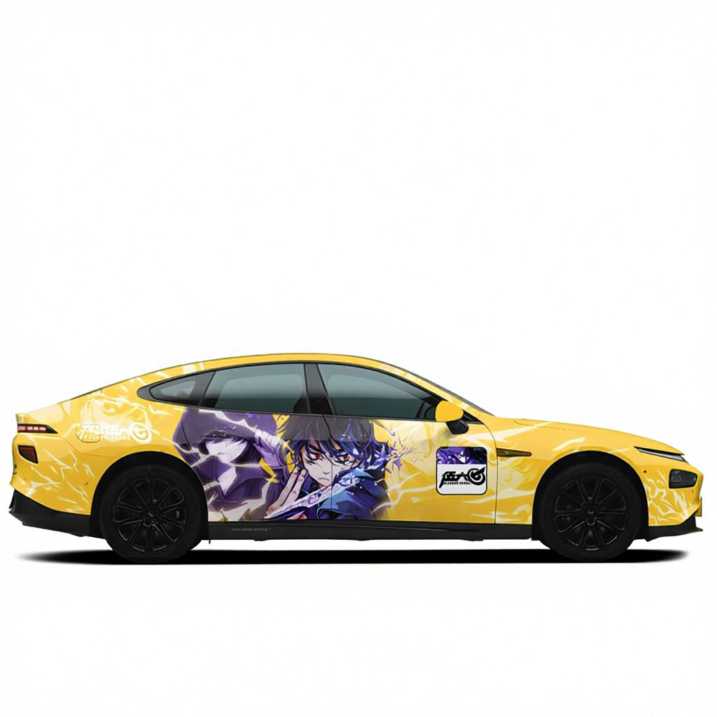 Yellow car with anime character design on a white background