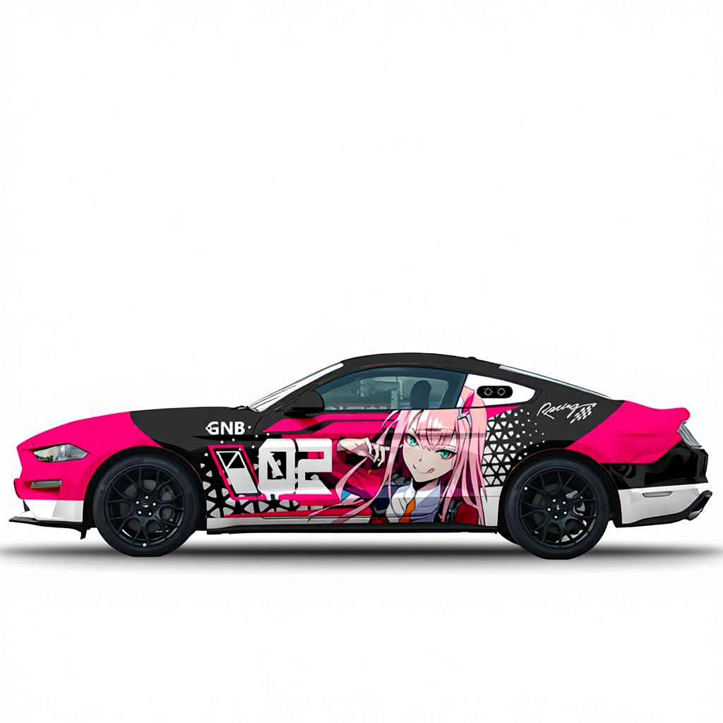 Car with anime character design and pink and black color scheme on a white background