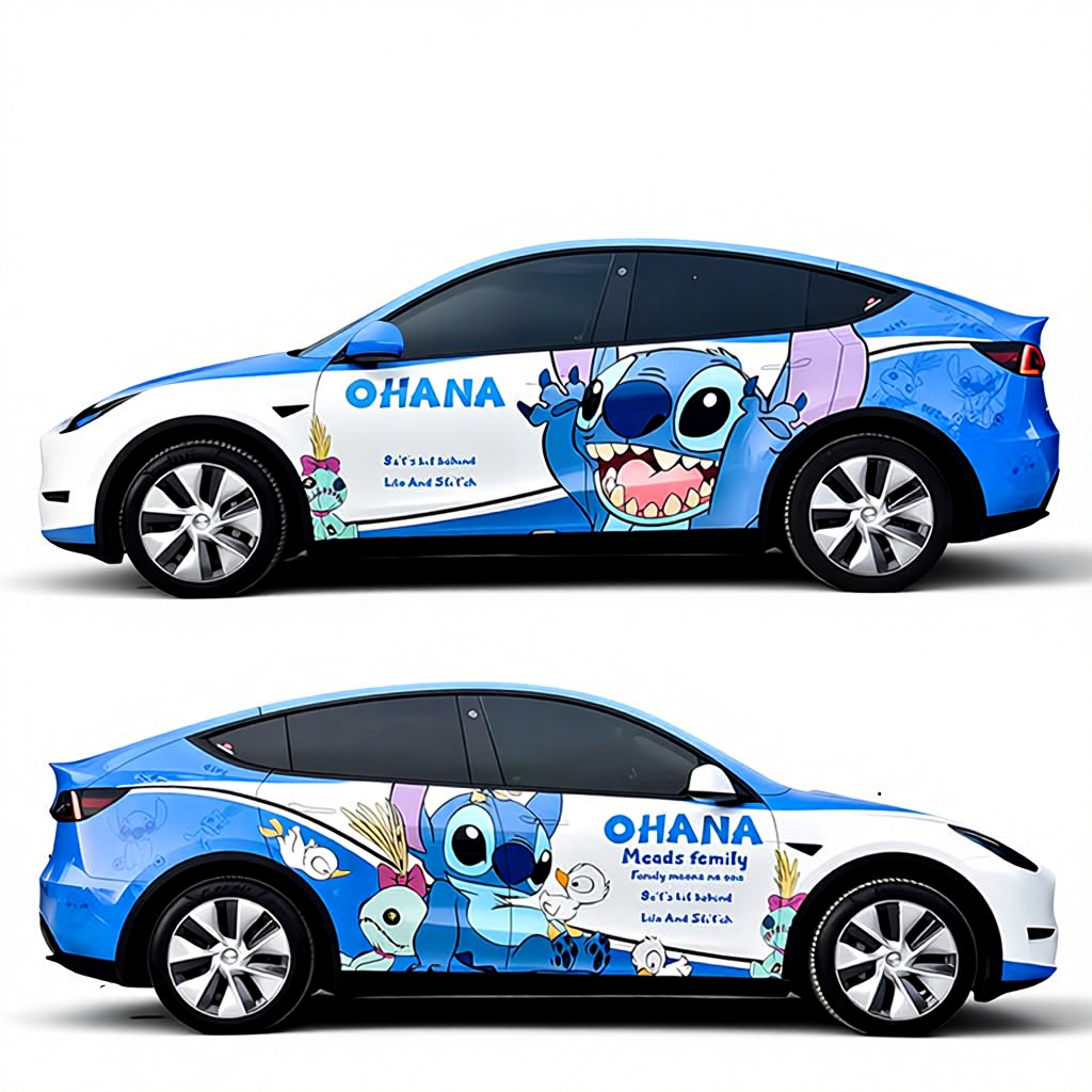 Car with a cartoon character design and 'OHANA' text on a white background