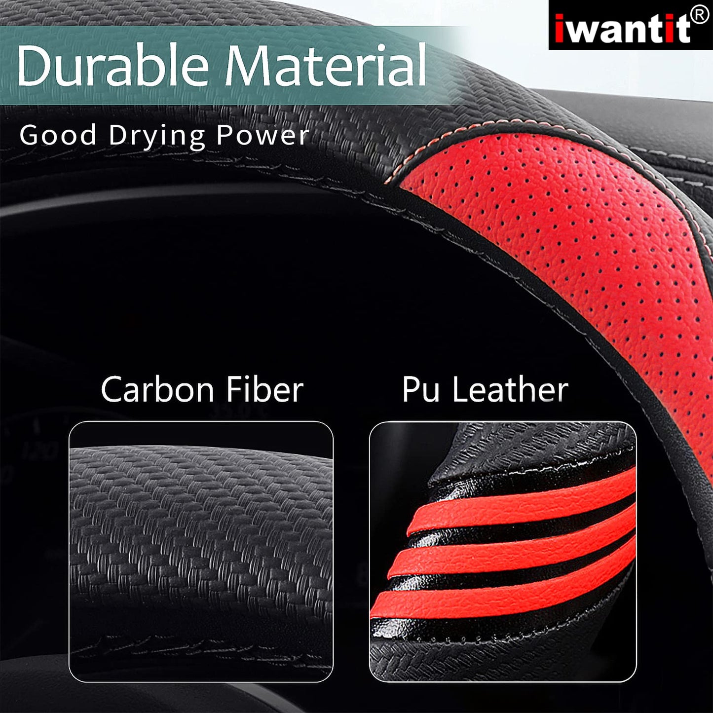 Carbon Fiber PU Leather Steering Wheel Cover Anti-Slip Universal Fit 14.5–15 Main_04