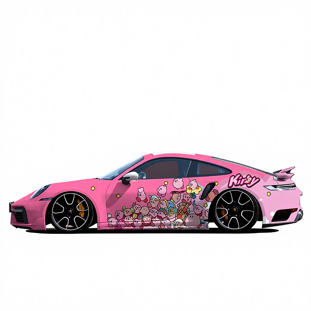 Pink sports car with cartoon character decal on a white background