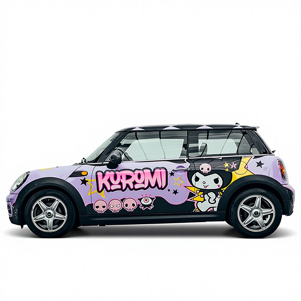 Car with a colorful 'Kuromi' themed wrap on a white background