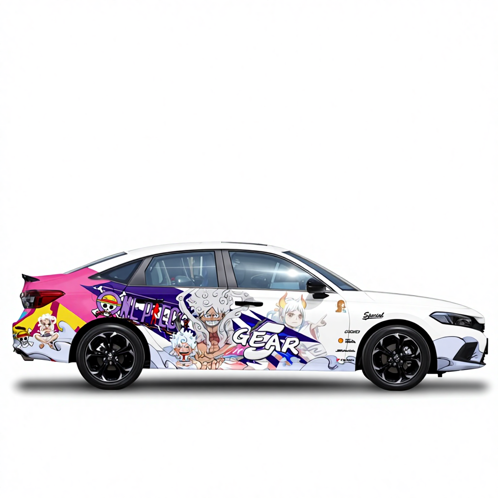 Car with colorful anime-themed wrap on a white background