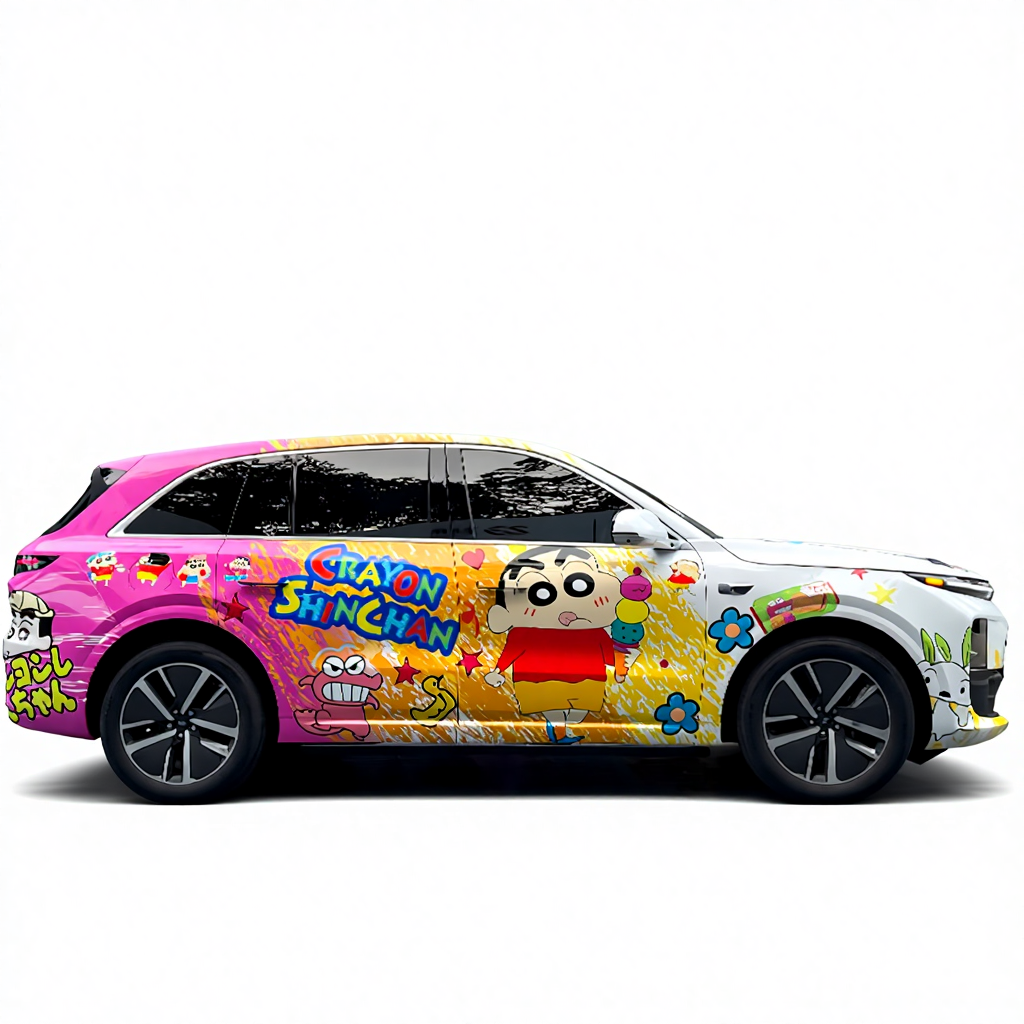 Colorful car with Crayon Shinchan design on a white background
