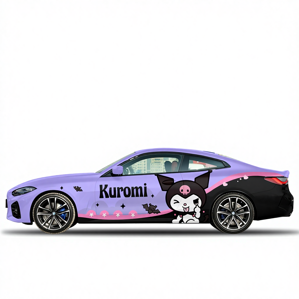 Car with a 'Kuromi' design on a white background