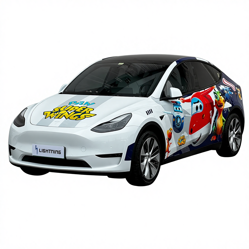 Car with Super Wings branding and colorful graphics on a white background