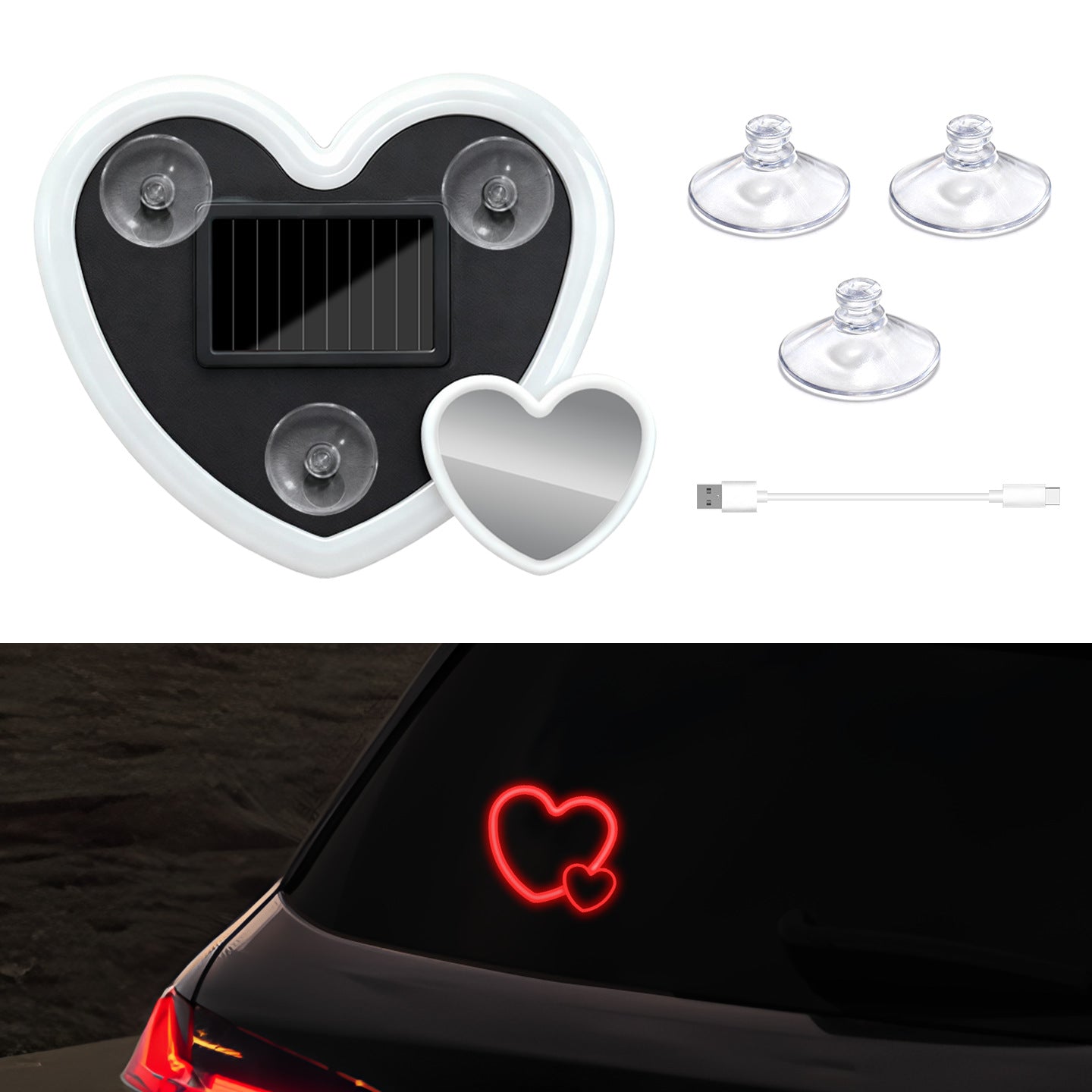 Solar-Powered Wireless Heart-Shaped LED Car Interior Neon Glow – Heart Atmosphere C-Pillar Light & Window Decoration
