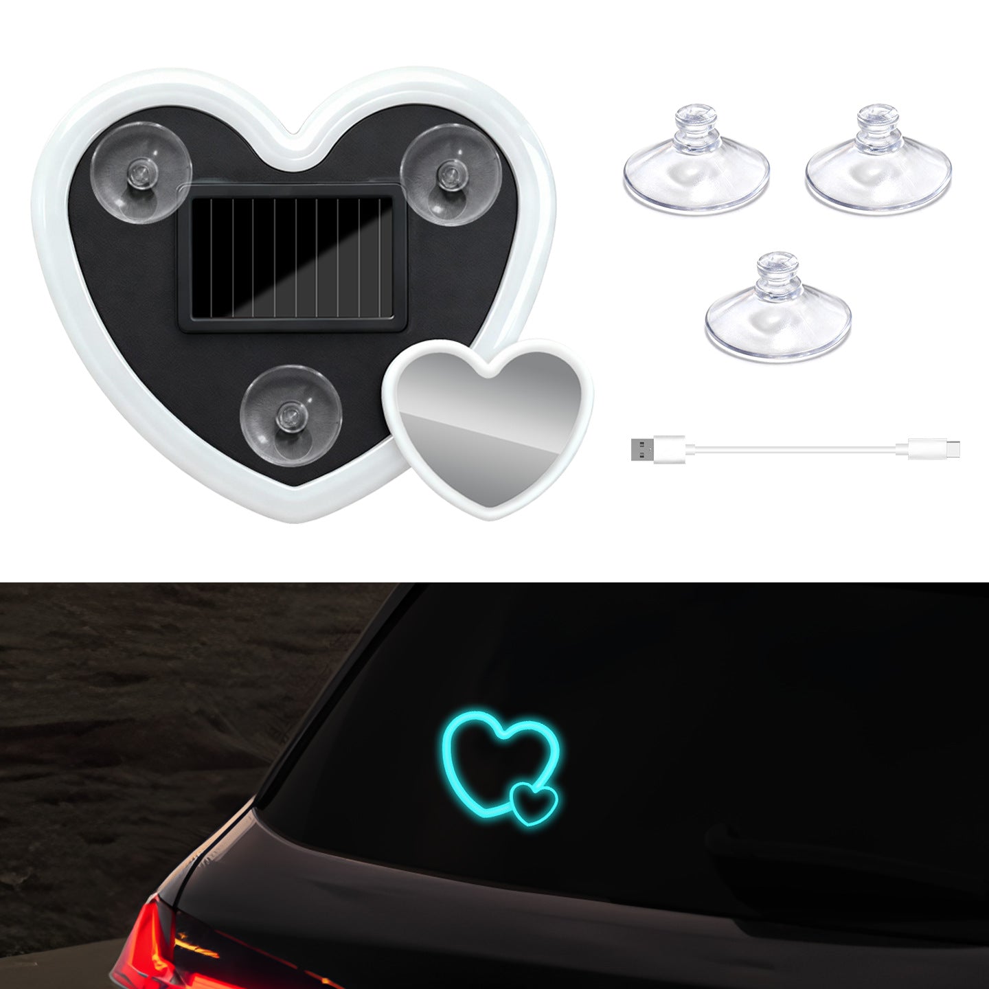 Solar-Powered Wireless Heart-Shaped LED Car Interior Neon Glow – Heart Atmosphere C-Pillar Light & Window Decoration