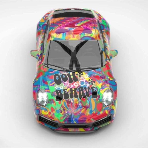 Colorful car with abstract design and text on a white background