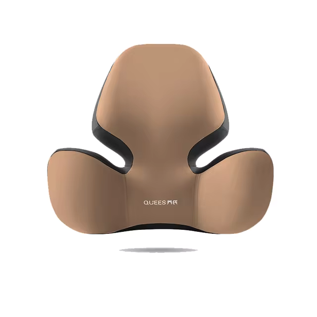 Brown neck pillow with black accents on a white background