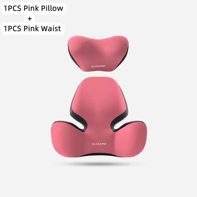 Pink pillow and pink waist support product on a white background
