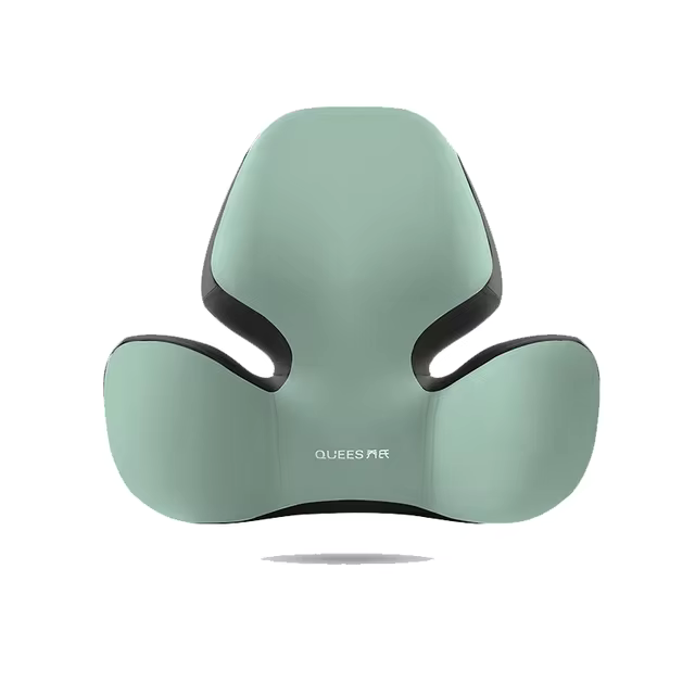 Green neck pillow with black accents on a white background