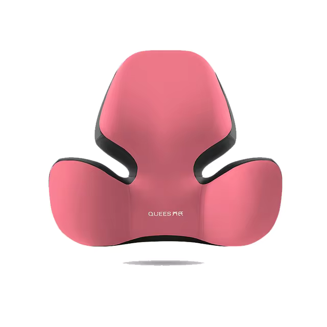 Pink neck pillow with black accents on a white background