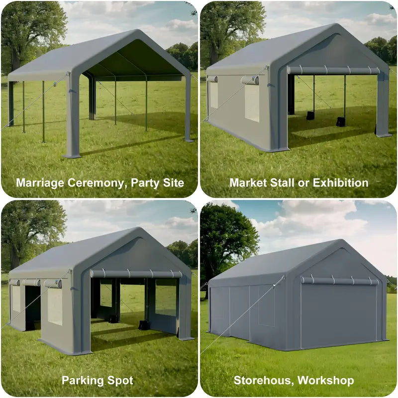 13x20ft Heavy Duty Carport, Portable Garage with 4 Roll-up Doors & 4 Ventilated Windows,