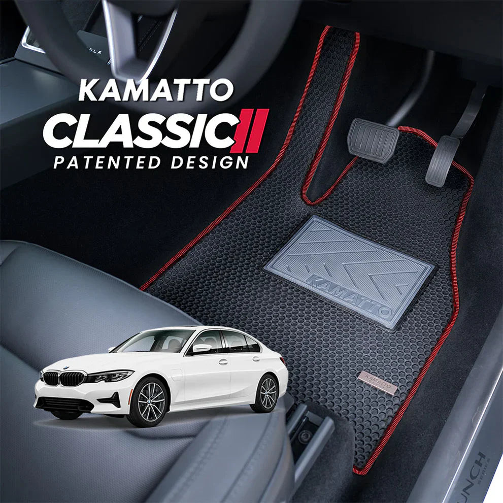 Car floor mat with Kamatto Classic II branding and a white car in the background.