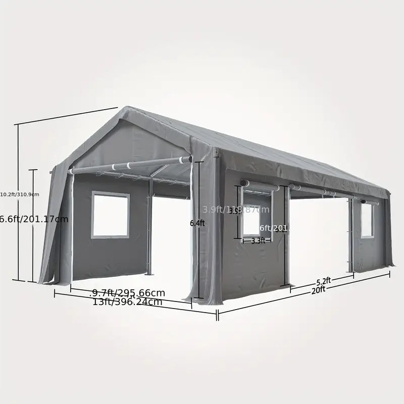 13x20ft Heavy Duty Carport, Portable Garage with 4 Roll-up Doors & 4 Ventilated Windows,