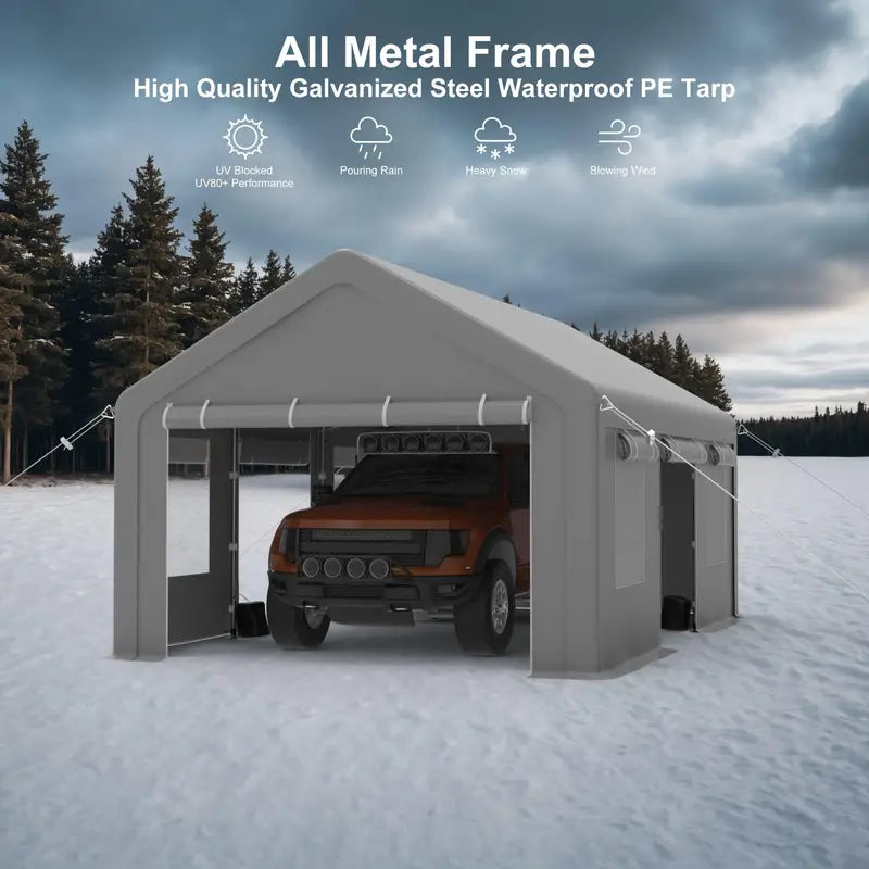 13x20ft Heavy Duty Carport, Portable Garage with 4 Roll-up Doors & 4 Ventilated Windows,