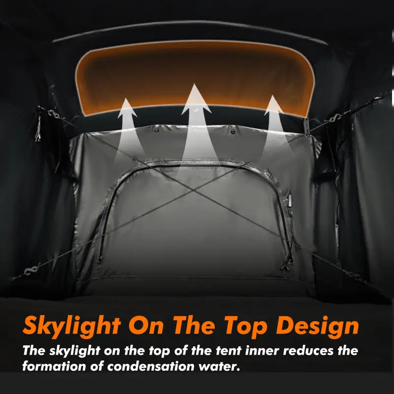 Camping tent with a skylight on top, showing how it reduces condensation water.