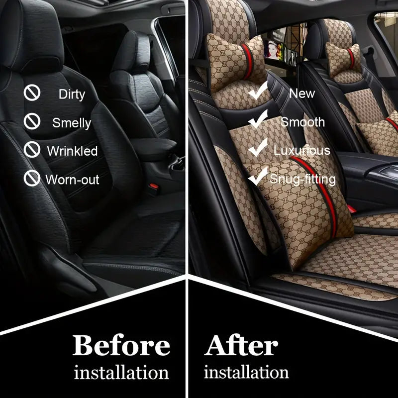 5-Seats Full Set Leather Car Seat Covers Universal Front Rear Protector Mat Pad