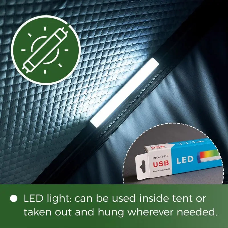 USB LED light being used inside a tent with text indicating its portability.
