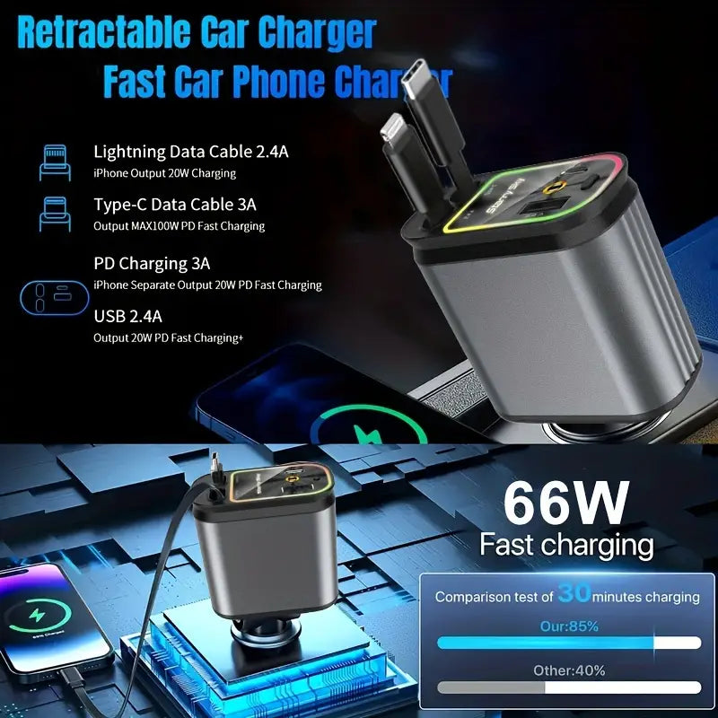 66W 4-in-1 Retractable Car Charger With Star Projector