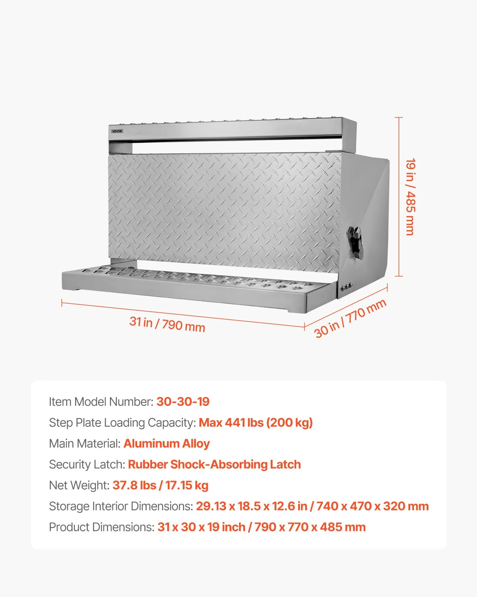 Semi-Truck Step Tool Box, 31" x 30" x 19" Heavy-Duty Aluminum Diamond Plate Toolbox, Waterproof Cab Entry Step Storage Box with Shock-Absorbing Latch for Flatbed, Crane, and Semi Trucks