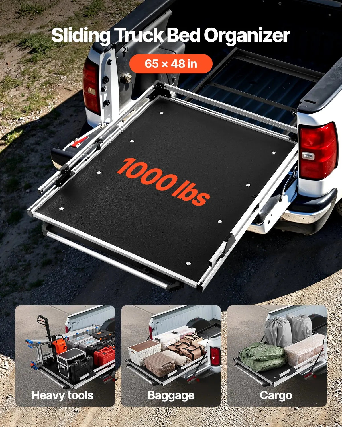 Sliding Truck Bed Organizer, 65 x 48 Inch Heavy-Duty Truck Bed Storage Drawer with 1000 lbs Capacity, 6 Movable Rings for Cargo Securing, 2-Position Slide-Out Tray for Pickup Trucks