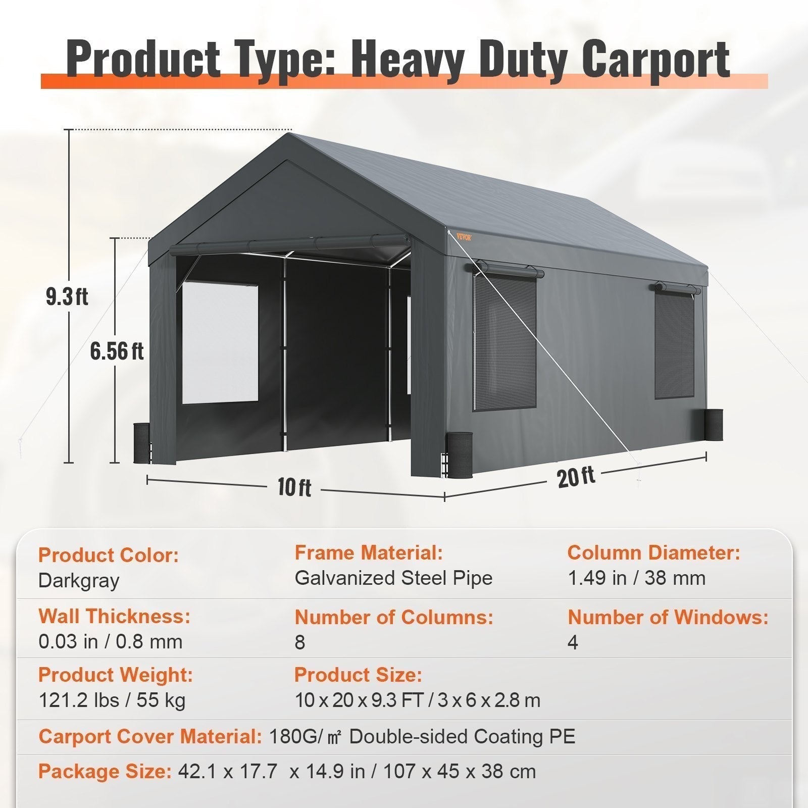 Heavy Duty 10x20ft Car Canopy, Outdoor Garage Shelter with Removable Sidewalls, Roll-up Ventilated Windows & Doors, UV Resistant Waterproof All-Season