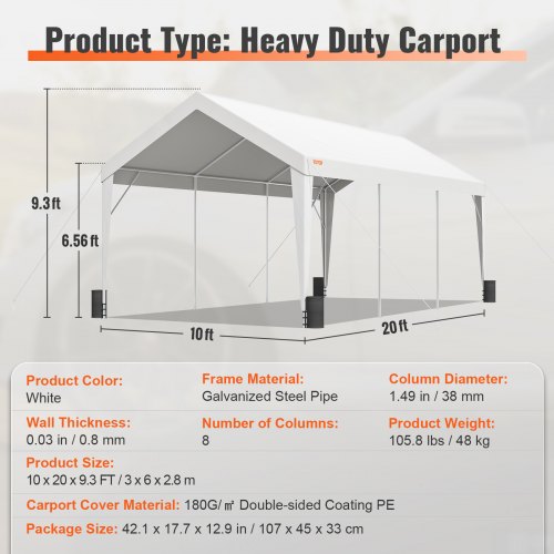 Carport, 10x20 ft Heavy Duty Car Canopy Garage Boat Shelter Party Tent with 8 Reinforced Poles and 4 Weight Bags