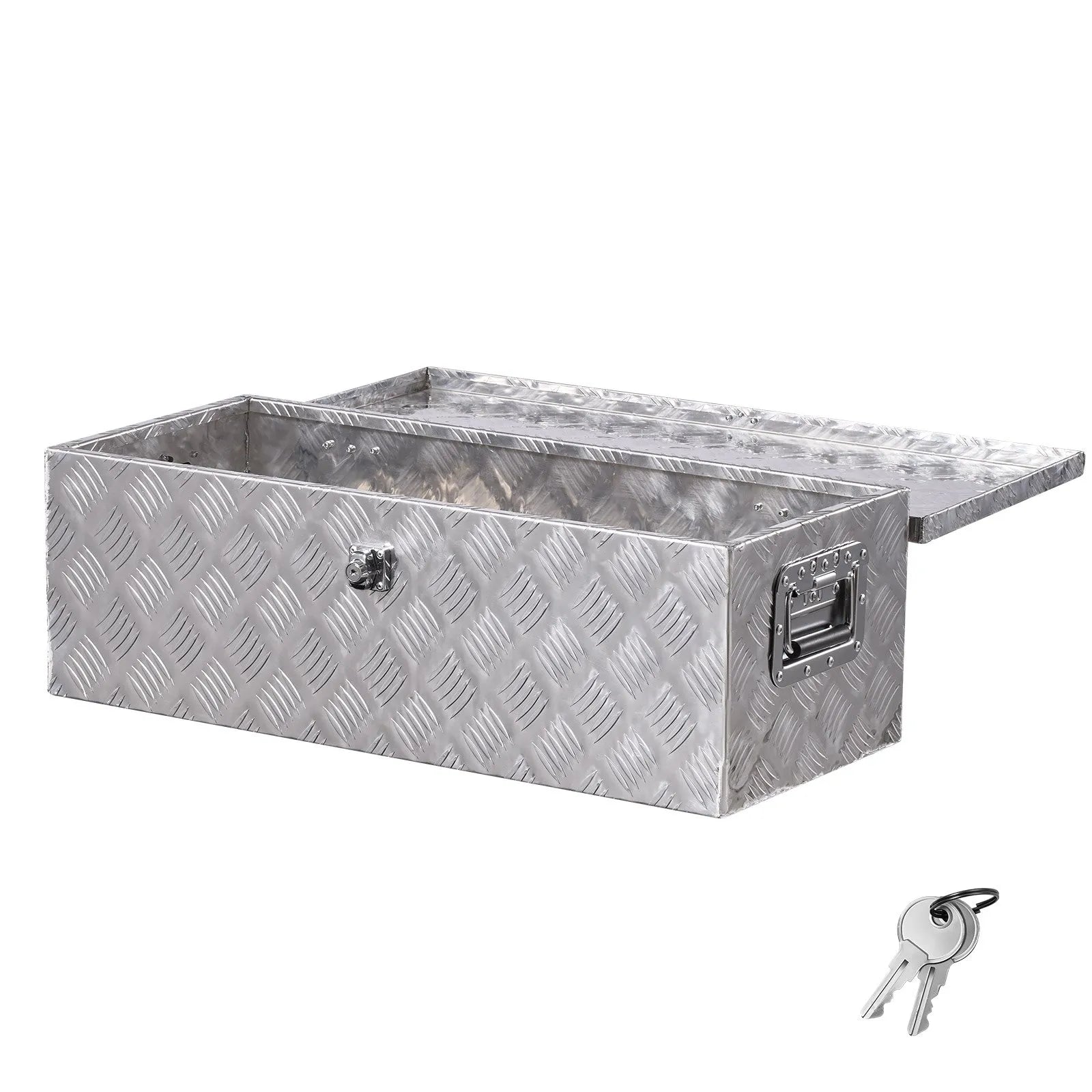 Heavy-Duty Aluminum Truck Bed Tool Box, Stripe Plated Toolbox with Side Handle and Lock Keys, Storage Chest Organizer for Trailer, Pickup Truck, RV, and Garage, 30 x 13 x 9.6 in