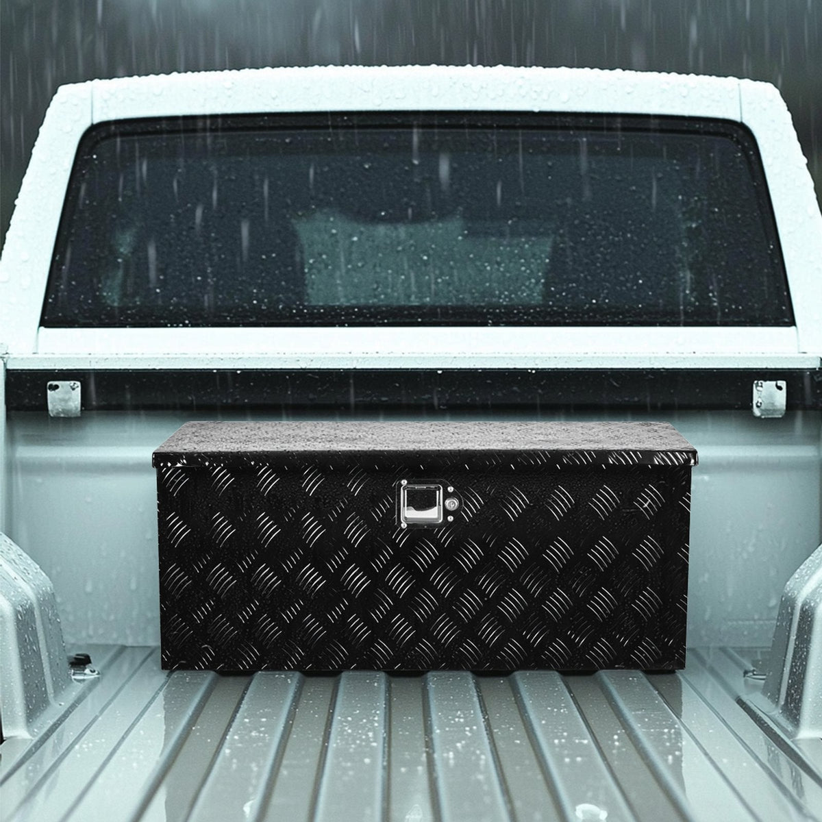 Heavy-Duty Aluminum Truck Bed Tool Box, Stripe Plated Toolbox with Sliding Shelf, Side Handle, Embedded Lock and Keys, Storage Chest Organizer for Trailer, Pickup Truck, RV, and Garage, 35.4 x 14.6 x 14.6 in