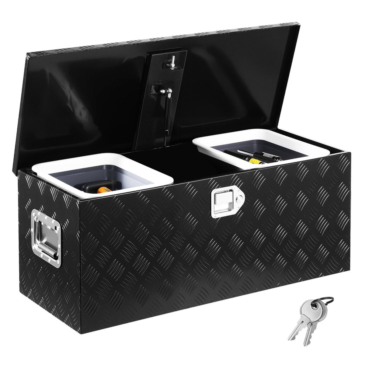 Heavy-Duty Aluminum Truck Bed Tool Box, Stripe Plated Toolbox with Sliding Shelf, Side Handle, Embedded Lock and Keys, Storage Chest Organizer for Trailer, Pickup Truck, RV, and Garage, 35.4 x 14.6 x 14.6 in