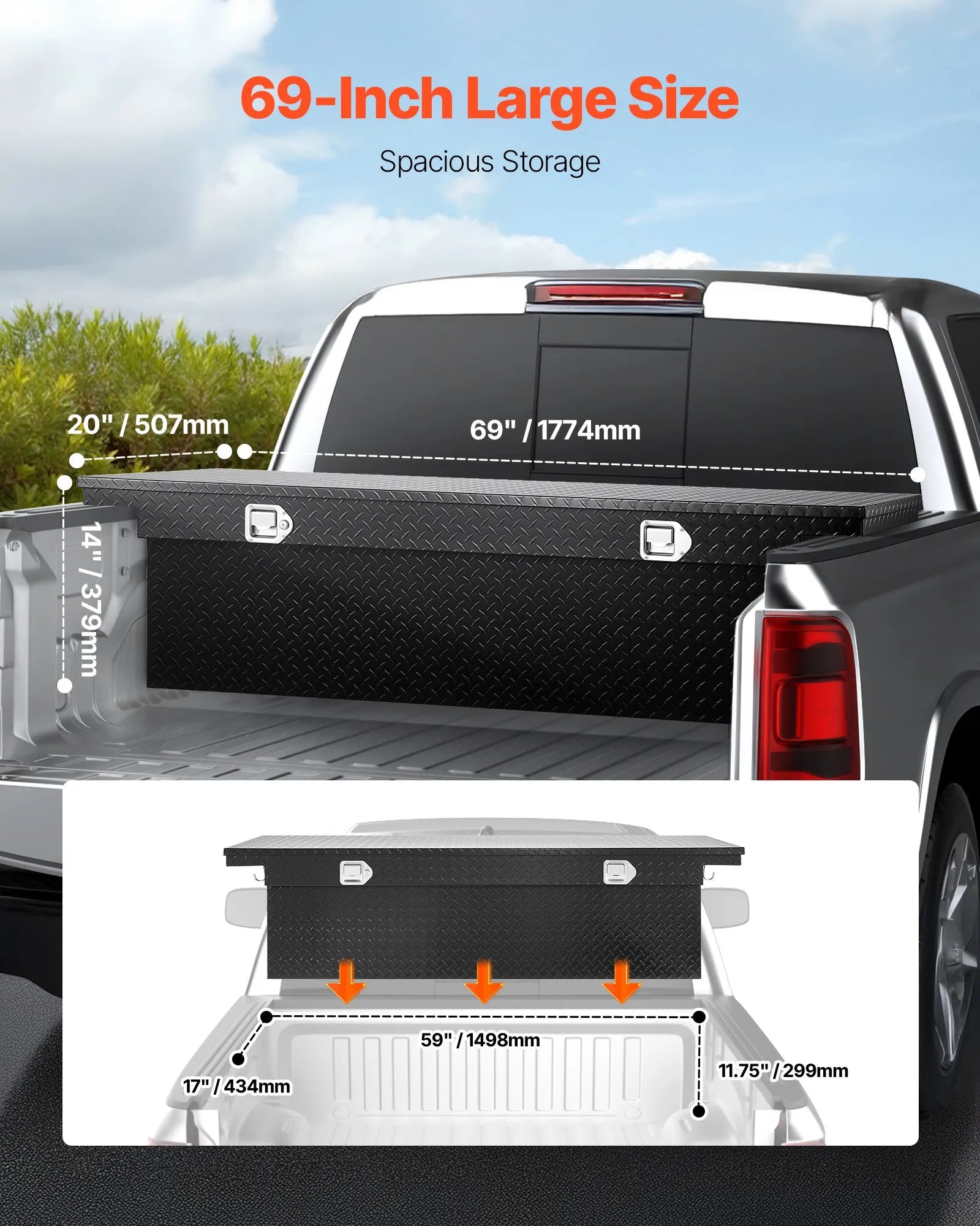 Crossover Truck Tool Box, 69 Inch Heavy-Duty Aluminum Toolbox with Diamond Plate Texture, Pickup Truck Bed RV Trailer Storage Organizer, Waterproof with Stainless Steel Lock, Keys & Side Handles